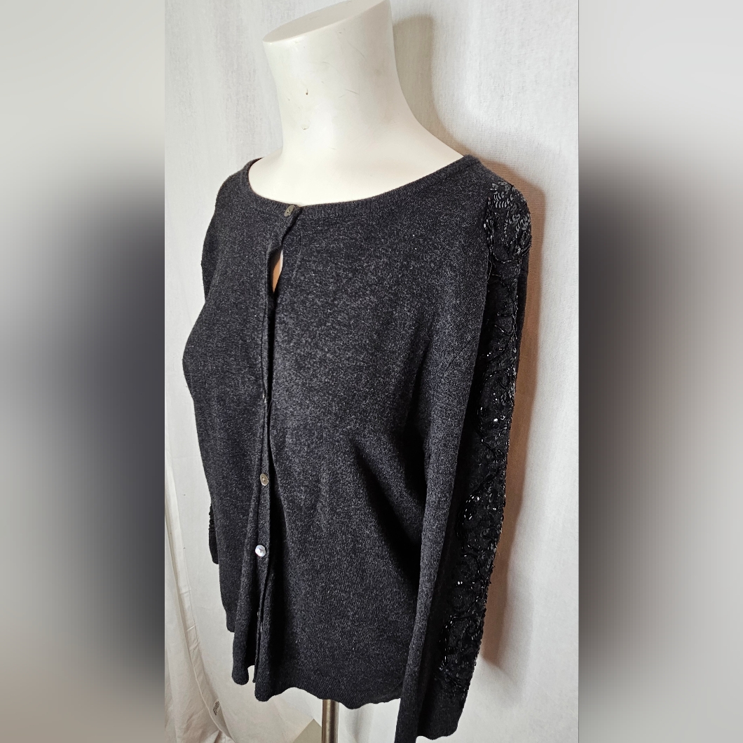 Harold's Charcoal Cardigan Button Up Knit Sweater With Sequin Accents Size L